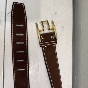 Vintage 1970s M Garay Brown Cowhide Belt Contrast Stitch Unique Buckle Mod Hippy